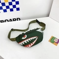 Kids dark green canvas crossbody chest bag with cute cartoon shark teeth print - Green