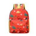 Red cartoon dinosaur kids backpack with yellow straps and vibrant dinosaur prints - Red