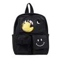 Black mini toddler backpack featuring a cute yellow duck plushie and white smiley face pattern - Black