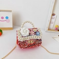 Mini bolso tejido para niña en rojo blanco azul con asa de perlas y cadena dorada - Flor / Rojo