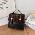 British style kindergarten backpack in vintage red plaid fabric and black leather - Style 3 / Black