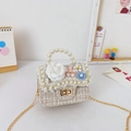 Mini bolso infantil de tweed crema con asa de perlas y detalles de flores blancas - Flor / Amarillo