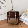 British vintage plaid schoolbag for toddlers in dark green and brown checkered PU leather - Style 3 / Brown