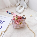 Borsa a tracolla in tweed rosa per bambina con fiori decorativi e coniglio in peluche - Coniglietto / Rosa