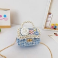 Mini girls blue and white tweed handbag with large white camellia flower and pearl handle - Flower / Blue