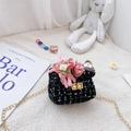 Mini borsa a tracolla in tweed nero per bambine con fiori e catena dorata sottile - Coniglietto / Nero