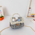 Cute black and white tweed girls mini crossbody bag with pearls and plush rabbit charm - Rabbit / Black