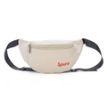 Minimalist beige kids waist bag in cream faux leather with adjustable strap and logo - PU White