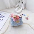 Borsa a tracolla in tweed blu per bambine con coniglio rosa e catena dorata - Coniglietto / Blu