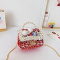 Red tweed mini crossbody bag with pearl handle and rabbit fur ball for young girls - Rabbit / Red