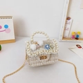 Cute beige tweed crossbody bag for girls with pearls, floral accents and bunny charm - Rabbit / Yellow