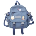 Zaino scolastico blu in nylon per ragazze con toppe a cartoni animati e ciondolo a orsetto - Blu