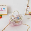 Pink and white tweed mini handbag for girls with pearl handle and plush rabbit ears - Rabbit / Pink