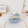 Cute blue tweed crossbody bag for girls with pearl handle and plush bunny toy decoration - Rabbit / Blue