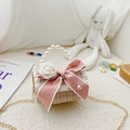 Pink tweed kids crossbody bag with pearl handle, camellia charm, and bow accent - Bow Beige