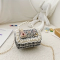 Girl's tweed crossbody bag with black-and-white plaid, pearls, and cute charms - Rabbit Black