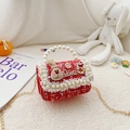 Red tweed girls handbag with pearl handle, rabbit charm, and crossbody gold chain - Rabbit Red