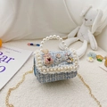 Mini light blue tweed girls crossbody bag with pearl handle and golden chain - Rabbit Blue
