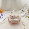 Pink and white tweed mini pearl handbag for girls with rabbit decor and gold chain strap - Rabbit Pink