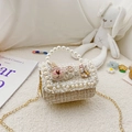 Cute children's pearl tweed handbag with rabbit doll and gold chain strap in cream white - Rabbit Beige