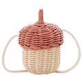 Mini acorn-shaped woven crossbody bag for kids featuring dual-tone rattan textures - Brown