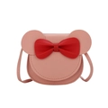 Pink cute girl's crossbody bag featuring round ears and a red bow decoration - Pink Rose Mix