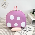 Purple mushroom toddler backpack with white polka dots and dual zippers on checkered cloth - Pink