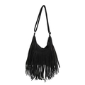 Black bohemian fringe tote bag with long tassels and adjustable strap on white background - Black