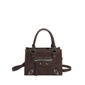 Detail of dark brown motorcycle bag featuring studded hardware and long leather tassels - Brown