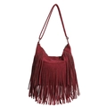 Deep red tassel tote bag in matte faux suede finish with adjustable shoulder strap - Red