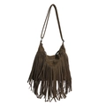 Dark brown bohemian suede hobo bag with long fringe tassels and a shoulder strap - Green