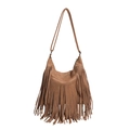 Brown suede tassel hobo shoulder bag with bohemian fringe detail and crossbody strap - Khaki