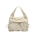 Beige large capacity tote bag with drawstring details and textured nylon fabric - Off-white