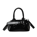 Minimalist black patent leather shell handbag with silver hardware and shoulder strap - Black