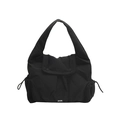 Large black quilted puffer shoulder bag with drawstring pockets and puffy strap - Black
