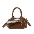 Mini brown glossy patent leather shell bag with top handles and silver buckle detail - Brown