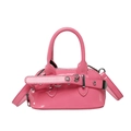 Pink patent leather shell handbag with glossy finish and silver metal buckles - Pink