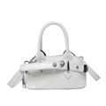 Glossy white shell-shaped handbag featuring silver metal hardware and buckle belt detail - White