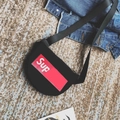 Mini semicircular black canvas crossbody bag for kids with red box logo and adjustable strap - Black