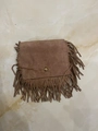 Kids bohemian tassel crossbody bag in light brown faux suede with gold round buckle - Brown