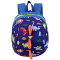 Kids dinosaur backpack in dark blue with bright green zippers and orange 3D dorsal fins - Dark Blue