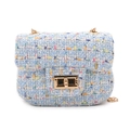 Blauwe tweed mini flaptas met kleurrijk weefpatroon en goudkleurige draaisluiting - Blauw