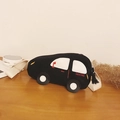 Sac bandoulière enfant en toile noire forme voiture avec broderie et sangle crème - Noir