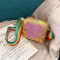Kids laser leather crossbody bag featuring pink glitter heart and rainbow strap - Yellow