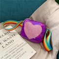 Purple laser leather square crossbody bag for kids with rainbow strap and pink glitter heart - Purple