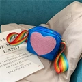 Kids bright blue patent leather cross-body bag with pink sequin heart and rainbow strap - Blue