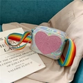 Kids holographic laser leather crossbody bag with pink glitter heart and rainbow strap - Silver