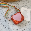 Kids orange laser PU mini crossbody bag with pink glitter heart and rainbow strap - Orange