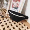 Kids black canvas waist bag with white zipper and adjustable beige strap in a studio setting - Black