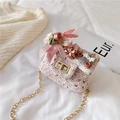 Pink tweed cross-body bag for girls with pearl floral accents and golden chain strap - Pink Rabbit
